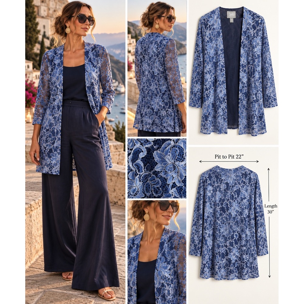 Chico's Travelers Size 3 Blue Floral Lace Open Front Ellie Jacket Coastal Boho